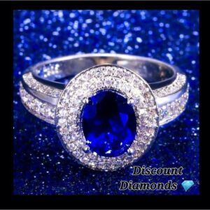 Blue Sapphire & White Baguette Diamond Ring on 925 Sterling Silver - Women's